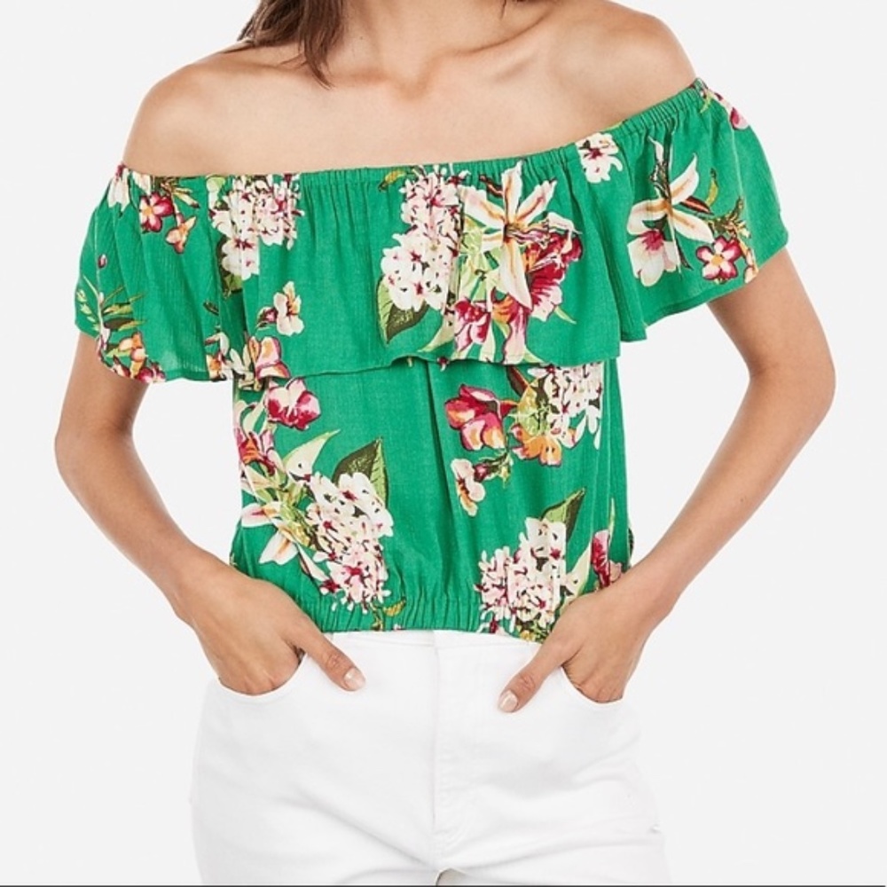 Express Green Floral Off The Shoulder Ruffle Top - Medium